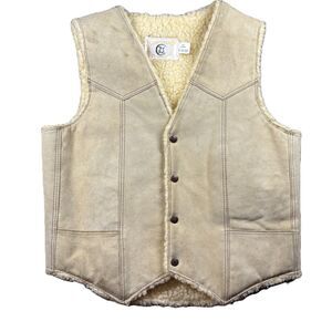 Vintage Carroll Suede Sherpa Vest Snap Up Ranch Cowboy Western Boho Tan Large